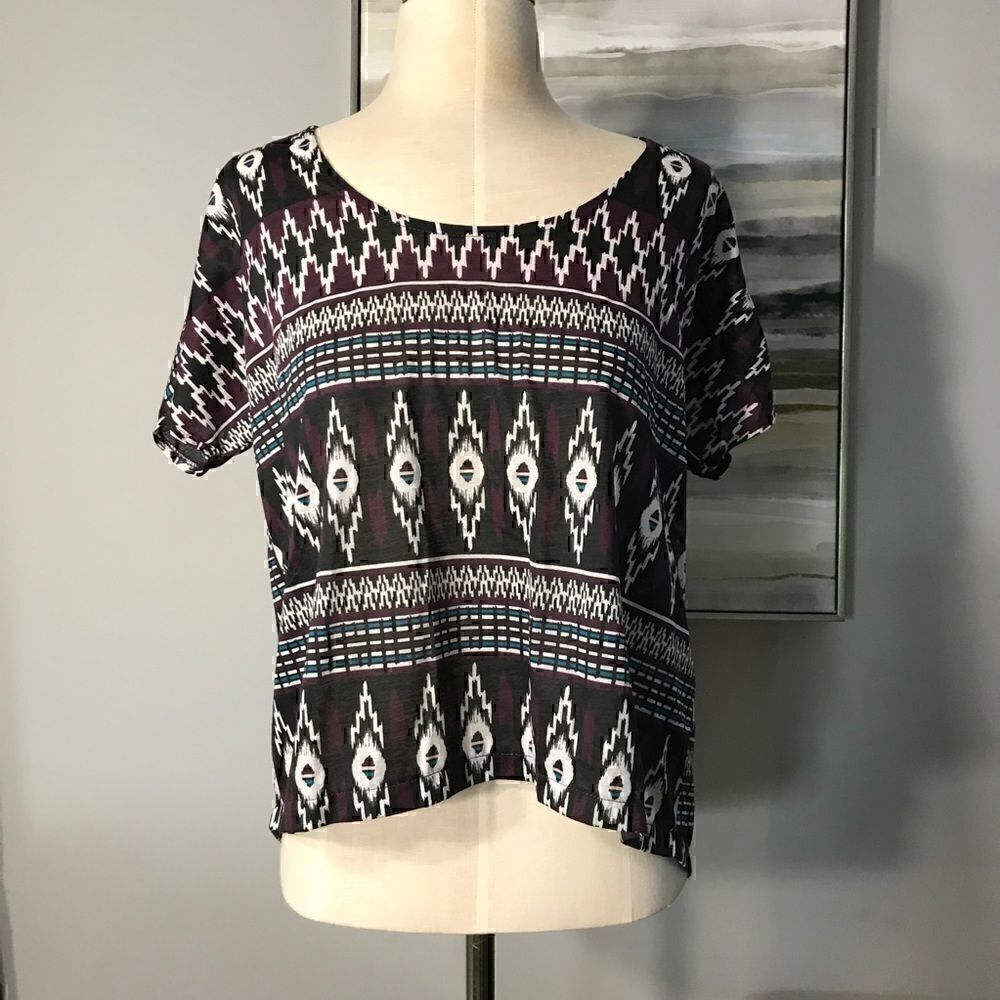 Very J Purple Tribal Aztec Hi Low Crochet Back Top
